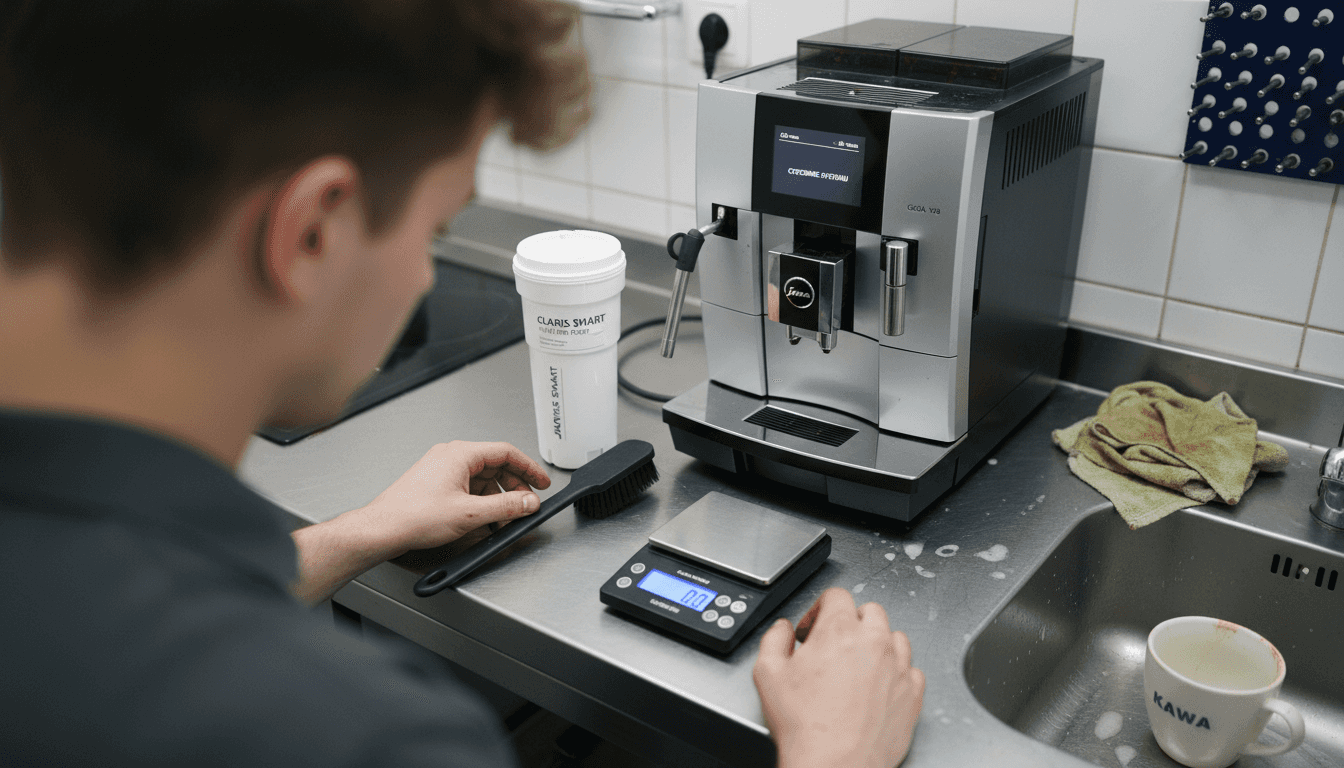 Serwisant wyposażony w narzędzia do konserwacji ekspresów do kawy