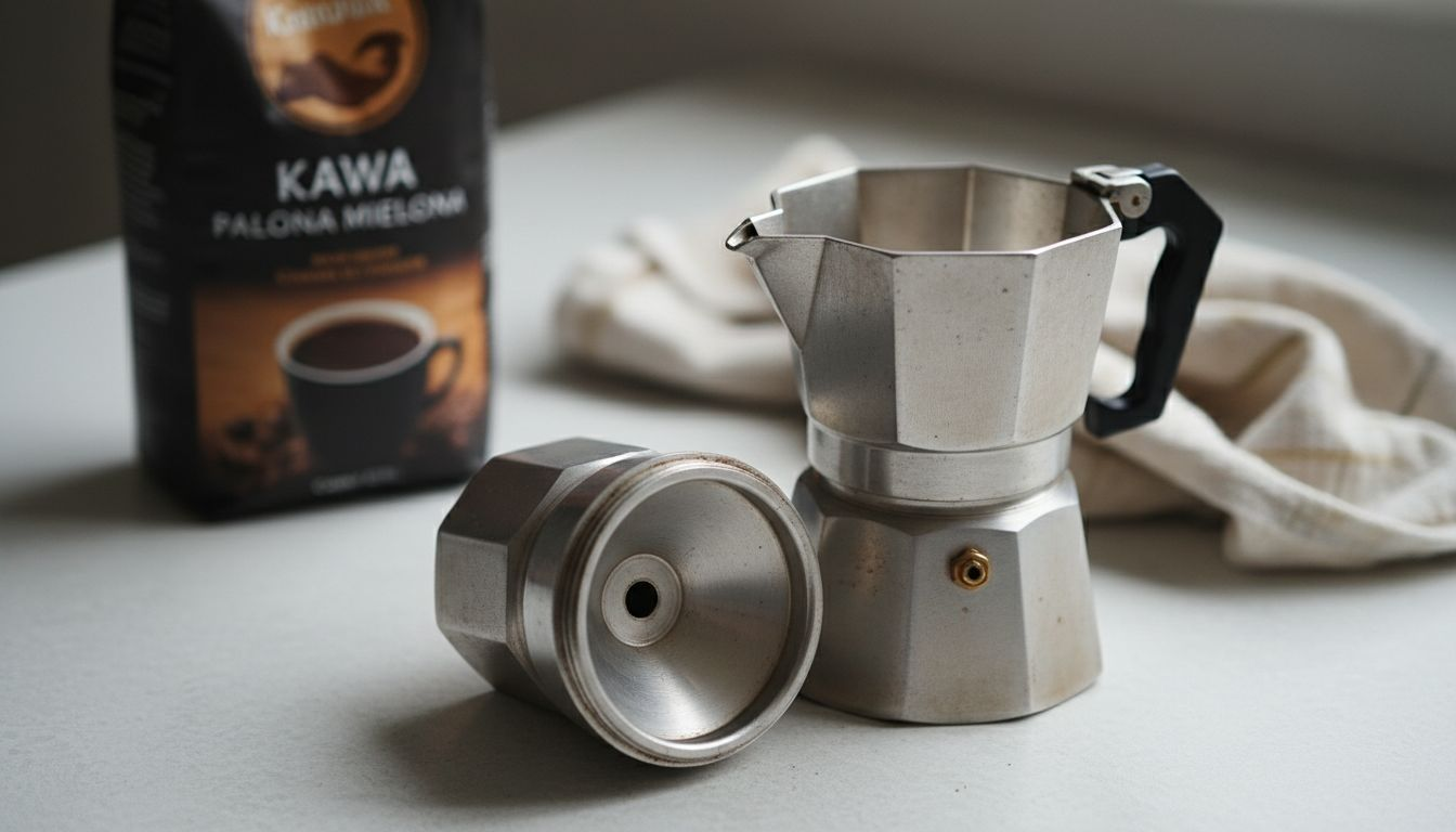 Kawiarka rozłożona na części, z widocznym środkiem i mechanizmem działania.