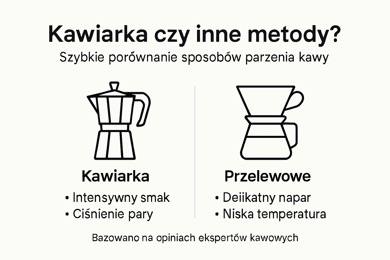 Przejrzysta infografika pokazująca różnice między kawiarką a innymi popularnymi sposobami parzenia kawy