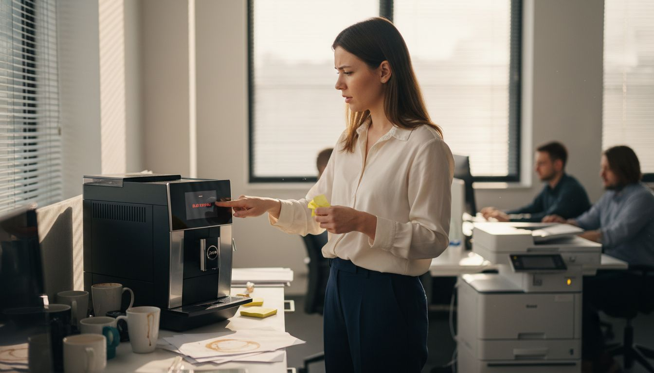 Pracownik biura bezradnie patrzy na zepsuty ekspres do kawy Jura.