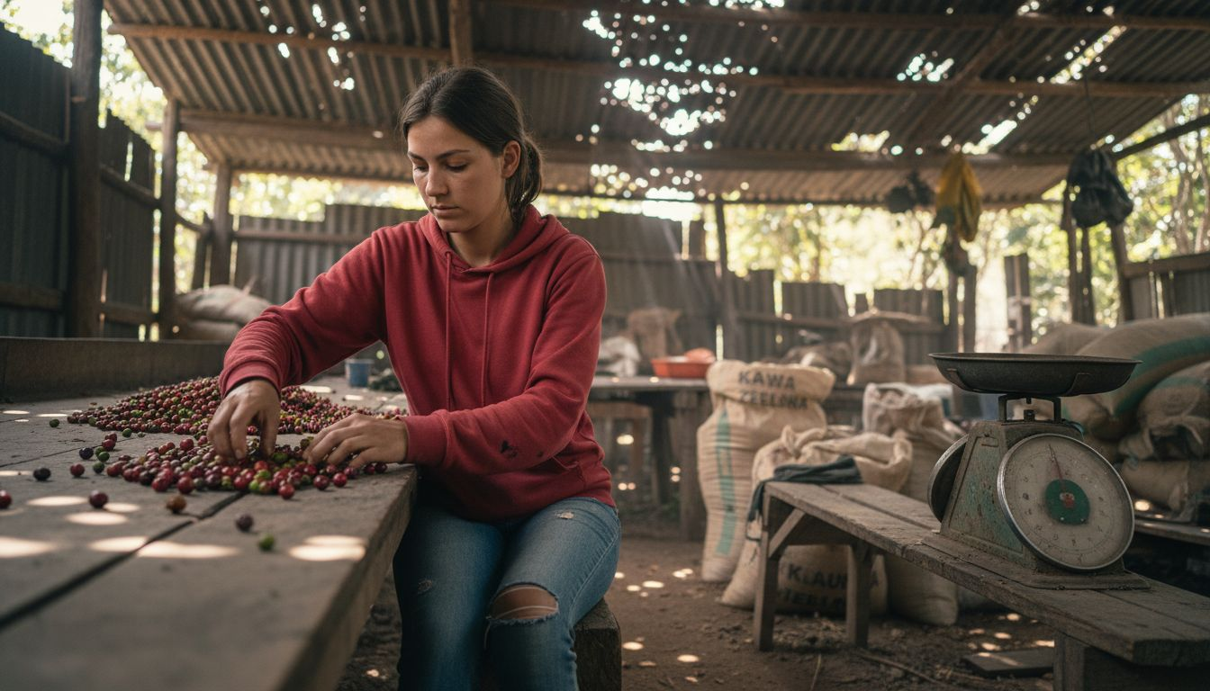 Sortowanie owoców kawowca w hali przetwórstwa