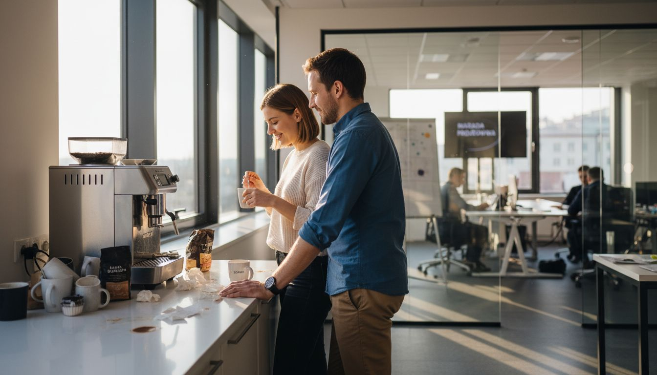 Pracownicy wymieniają się uwagami podczas przerwy na kawę przy firmowym ekspresie.