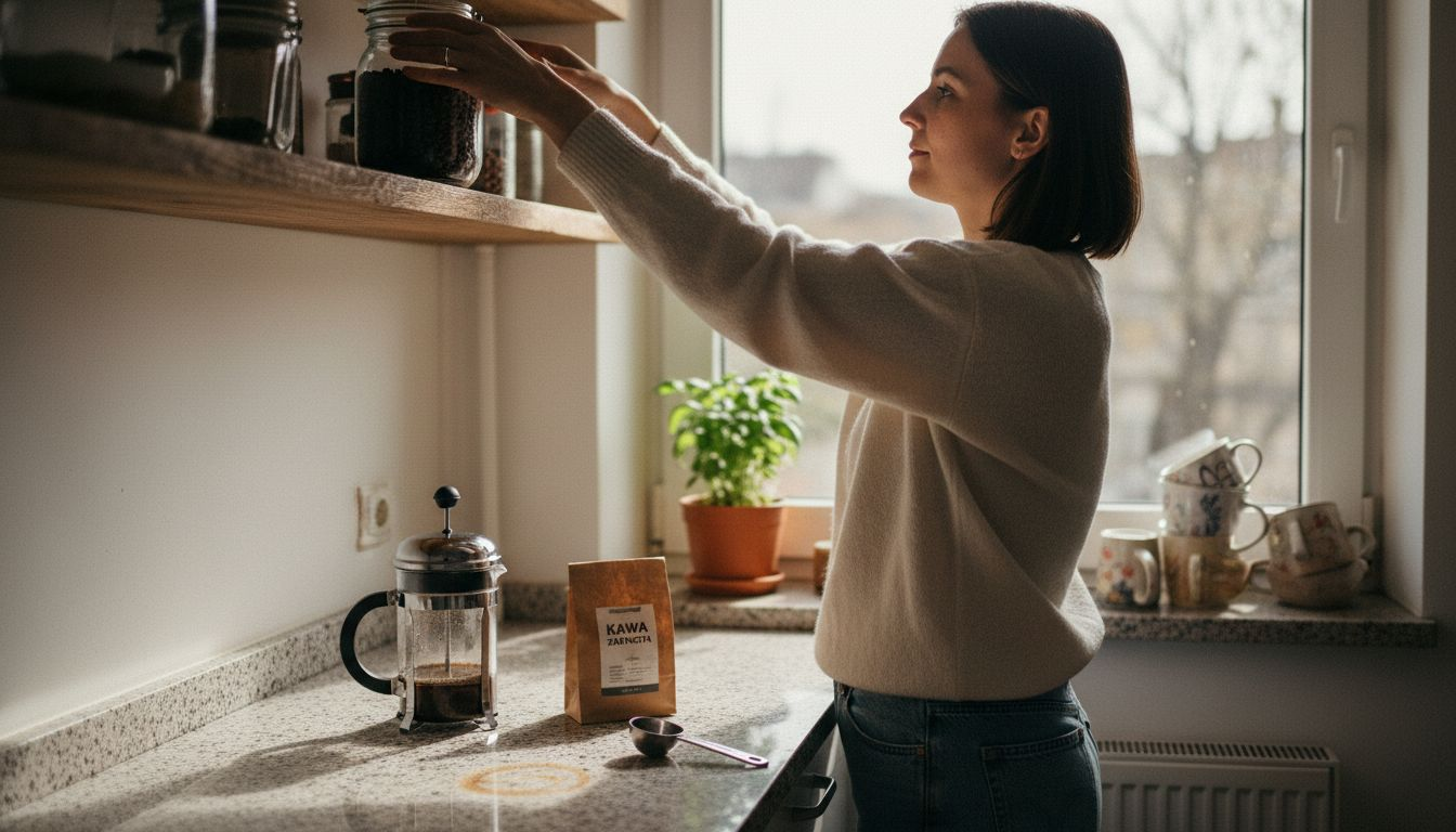 Kobieta trzymająca ziarna kawy na kuchennej półce