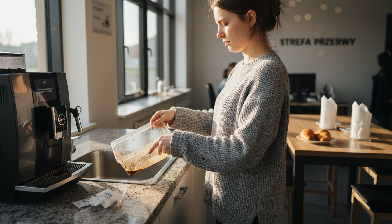 Kobieta czyści tackę ociekową ekspresu Jura w biurze.