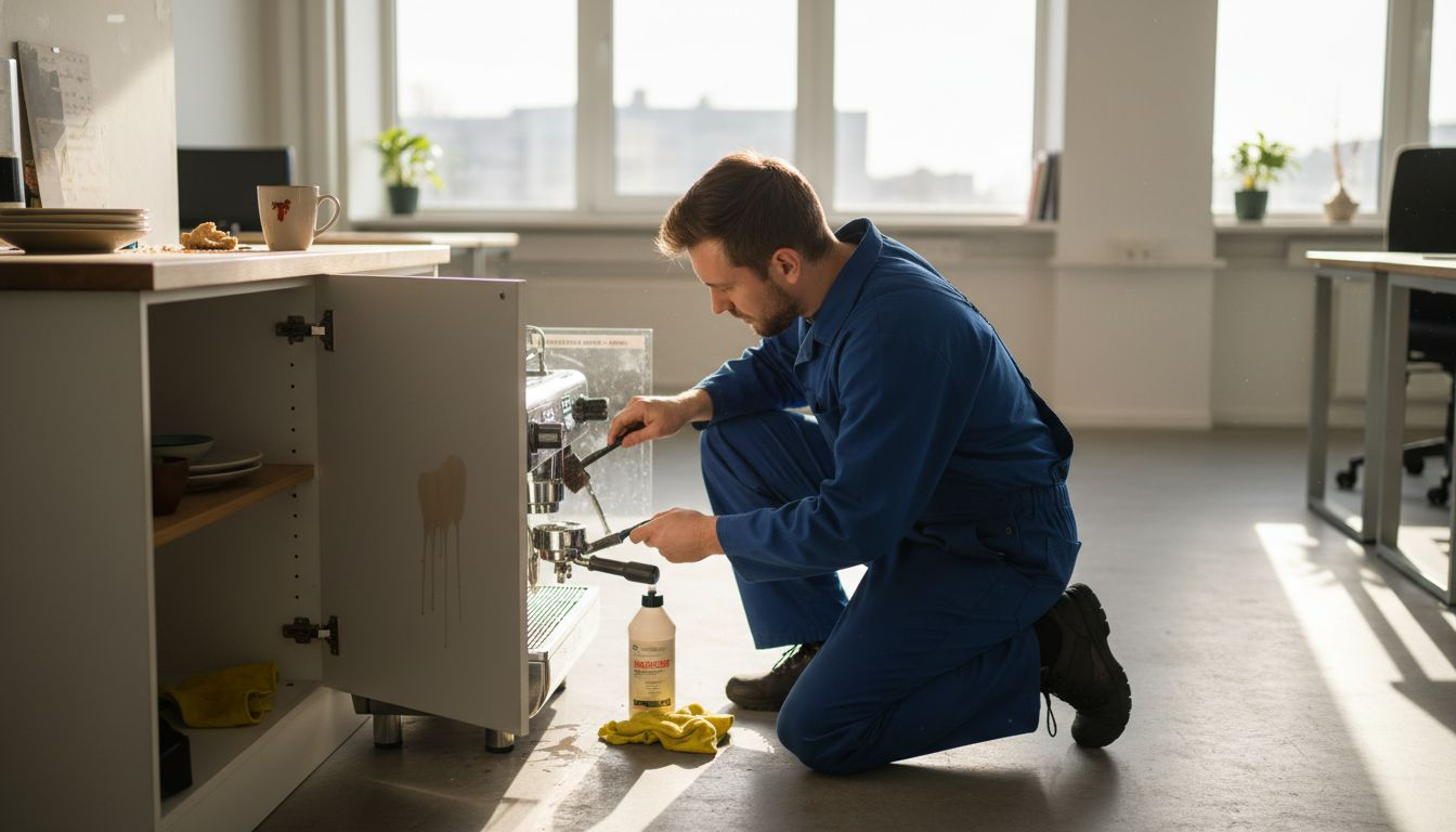 Serwisant właśnie konserwuje ekspres do kawy stojący przy recepcji w biurze.