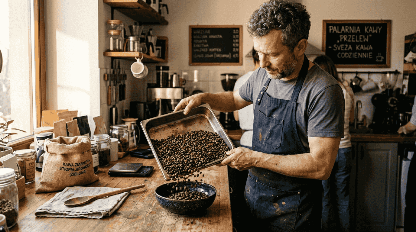 Barista wsypuje do młynka świeżo palone ziarna kawy.