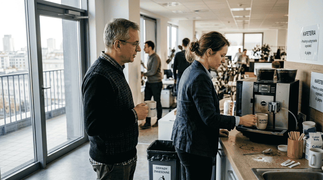 Dwóch współpracowników przygotowuje razem kawę w firmowej kuchni.