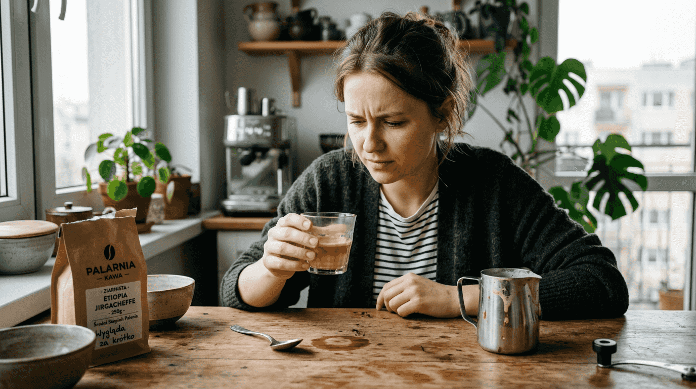 Na stole stoi espresso, które zdecydowanie nie wyszło tak, jak powinno.