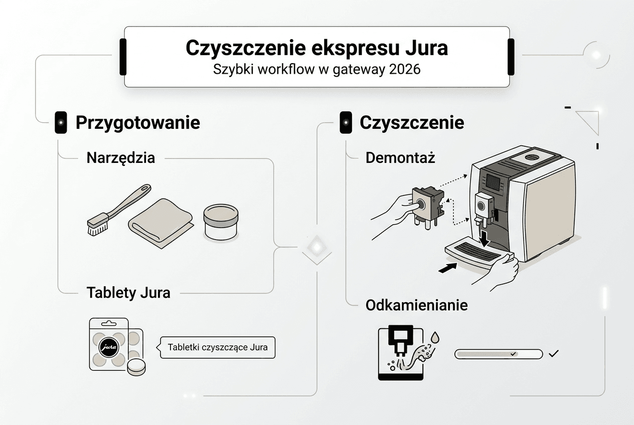 Schemat procesu czyszczenia ekspresu Jura w formie infografiki