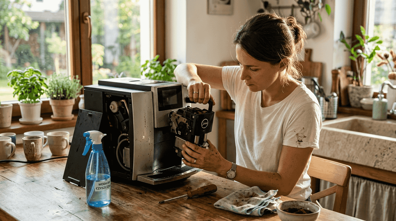 Kobieta wyjmuje z ekspresu Jura grupę zaparzającą, żeby ją wyczyścić.