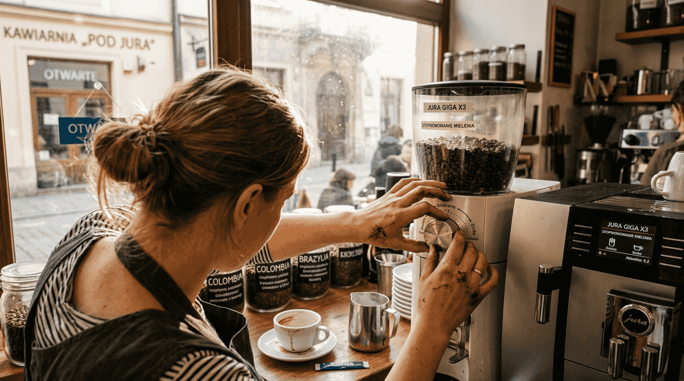 Barista ustawia młynek w ekspresie Jura, żeby kawa miała idealny smak.