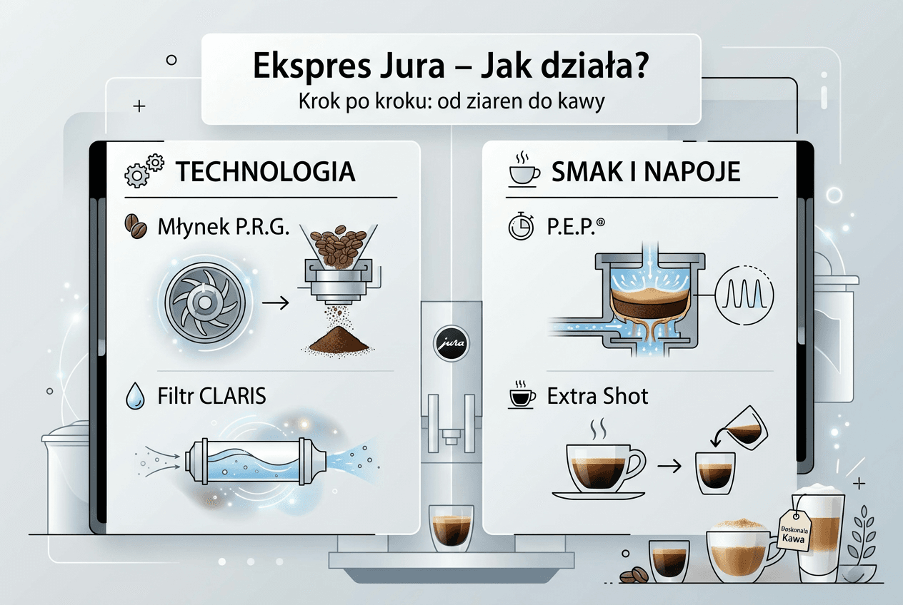 Przejrzysta infografika przedstawiająca, jak działa ekspres Jura
