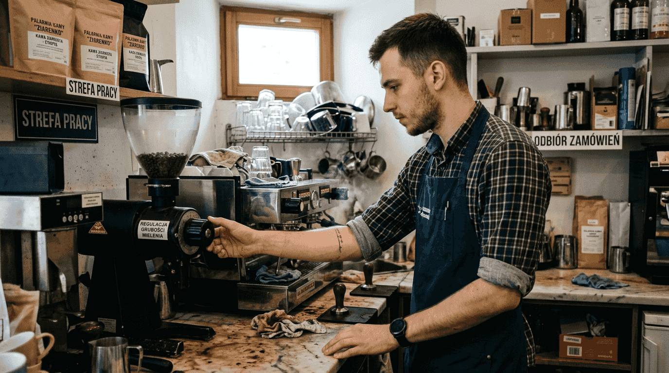 Barista reguluje młynek, żeby kawa w kawiarni miała idealny smak.