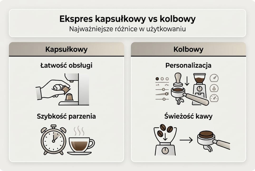 Przegląd zalet i wad ekspresów kapsułkowych oraz kolbowych – infografika