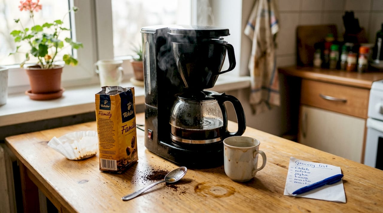 Na zagraconym stole powoli parzy się kawa z przelewowego ekspresu.