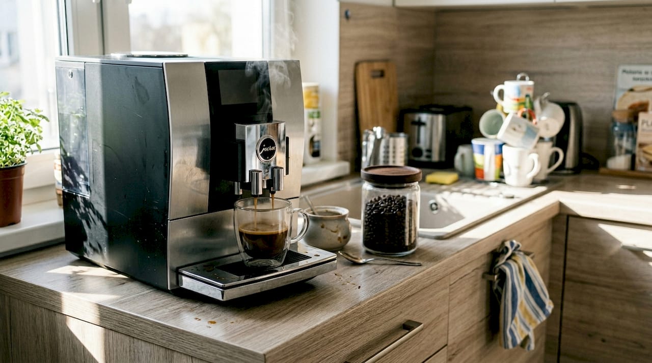 Ekspres automatyczny Jura przygotowuje właśnie aromatyczne espresso.