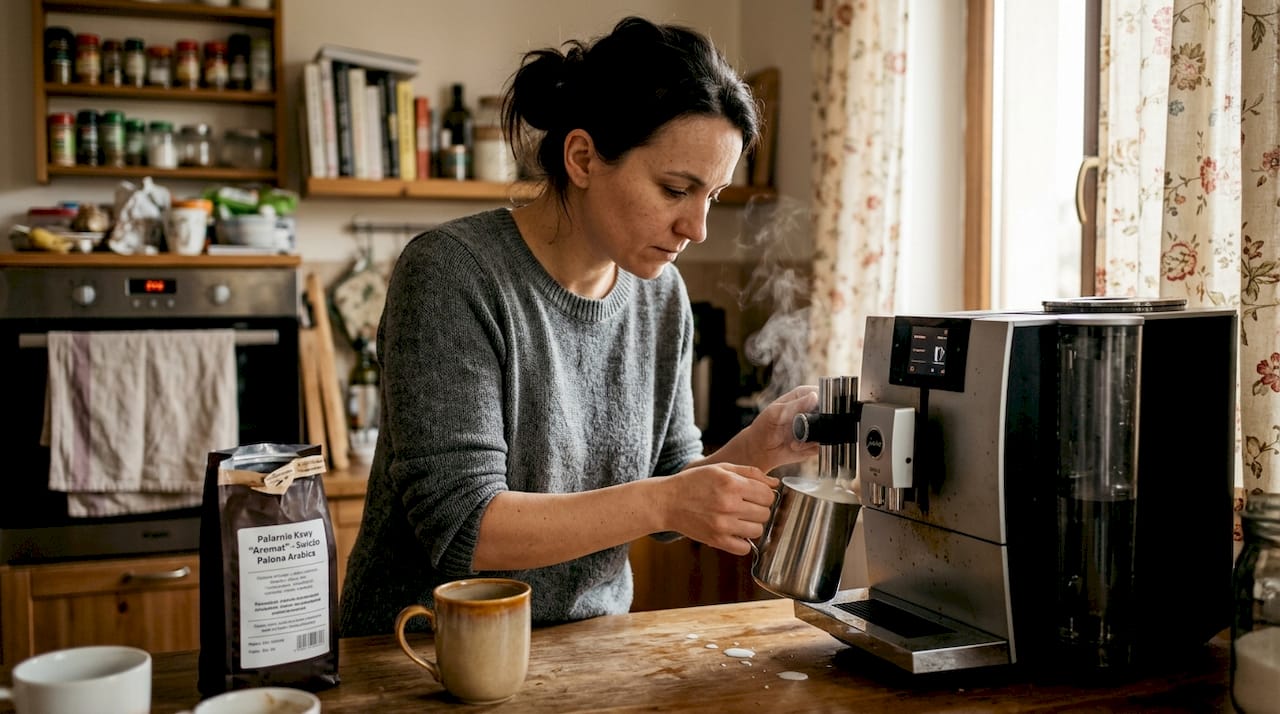 Kobieta spienia mleko przy użyciu ekspresu do kawy.