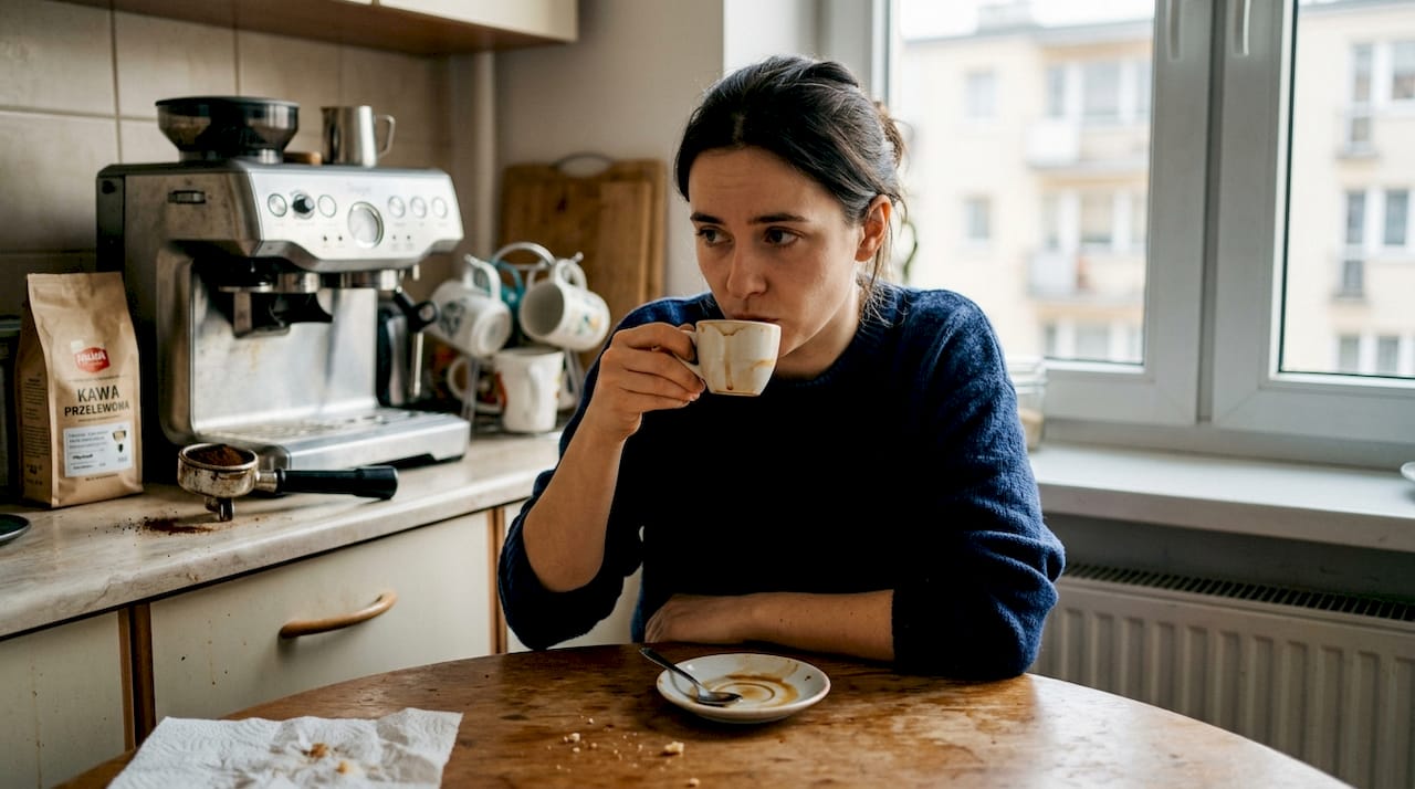 Kobieta próbuje espresso, które przez stary filtr smakuje wyjątkowo gorzko.