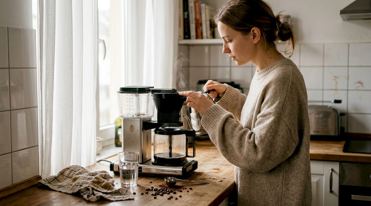 Kobieta przygotowuje kawę w ekspresie stojącym w kuchni.