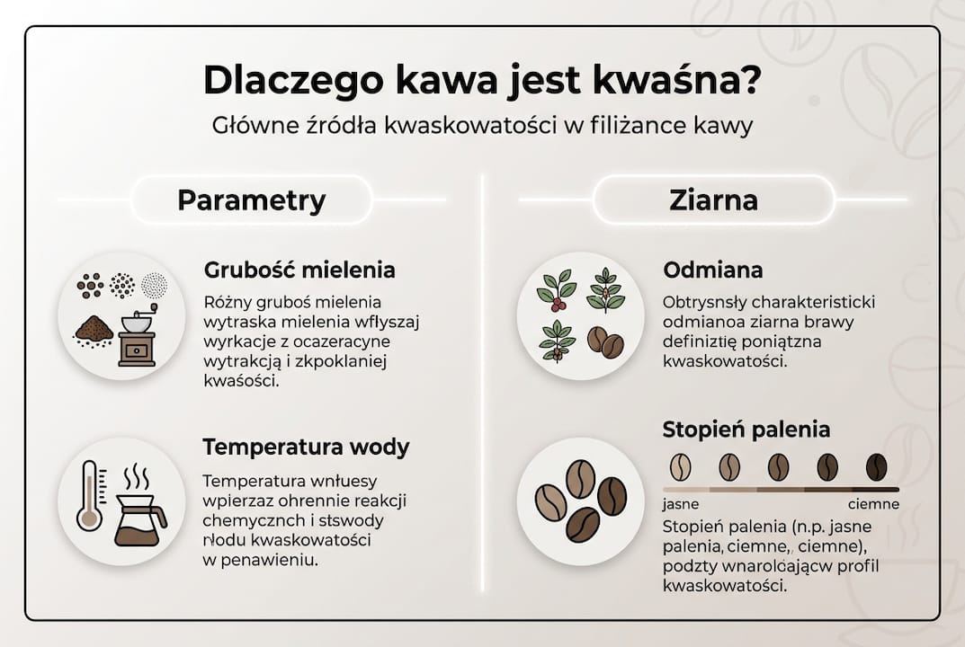 Infografika: Skąd bierze się kwasowość w kawie? Poznaj główne przyczyny i źródła charakterystycznego smaku.