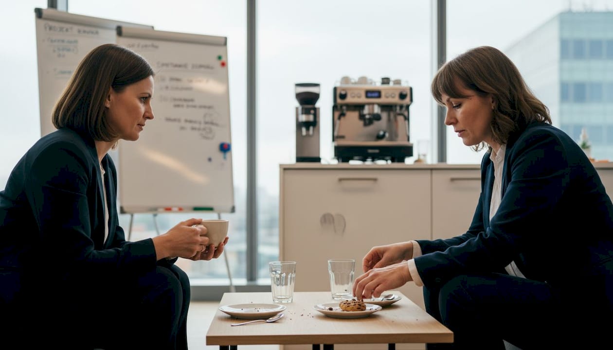 Kobiety z pracy rozmawiają przy kawie w firmowej kuchni.