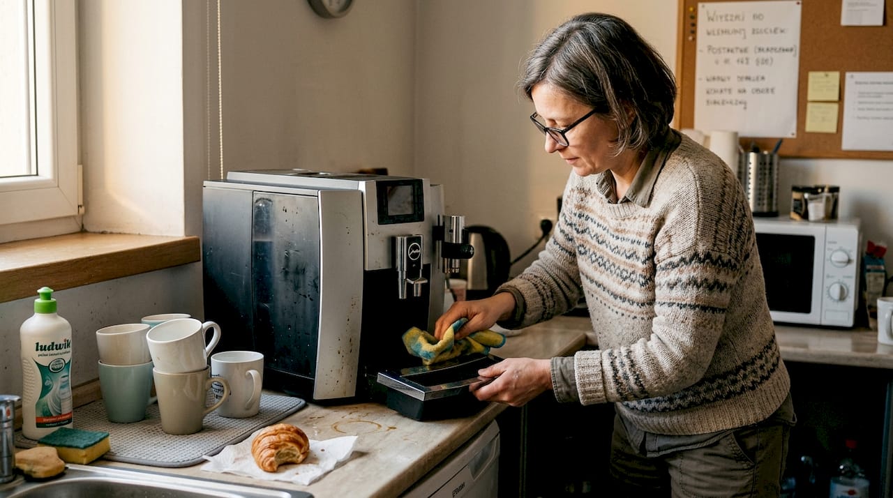 W kuchni biurowej jedna z pracownic wyjmuje tackę z ekspresu do kawy i ją dokładnie czyści.