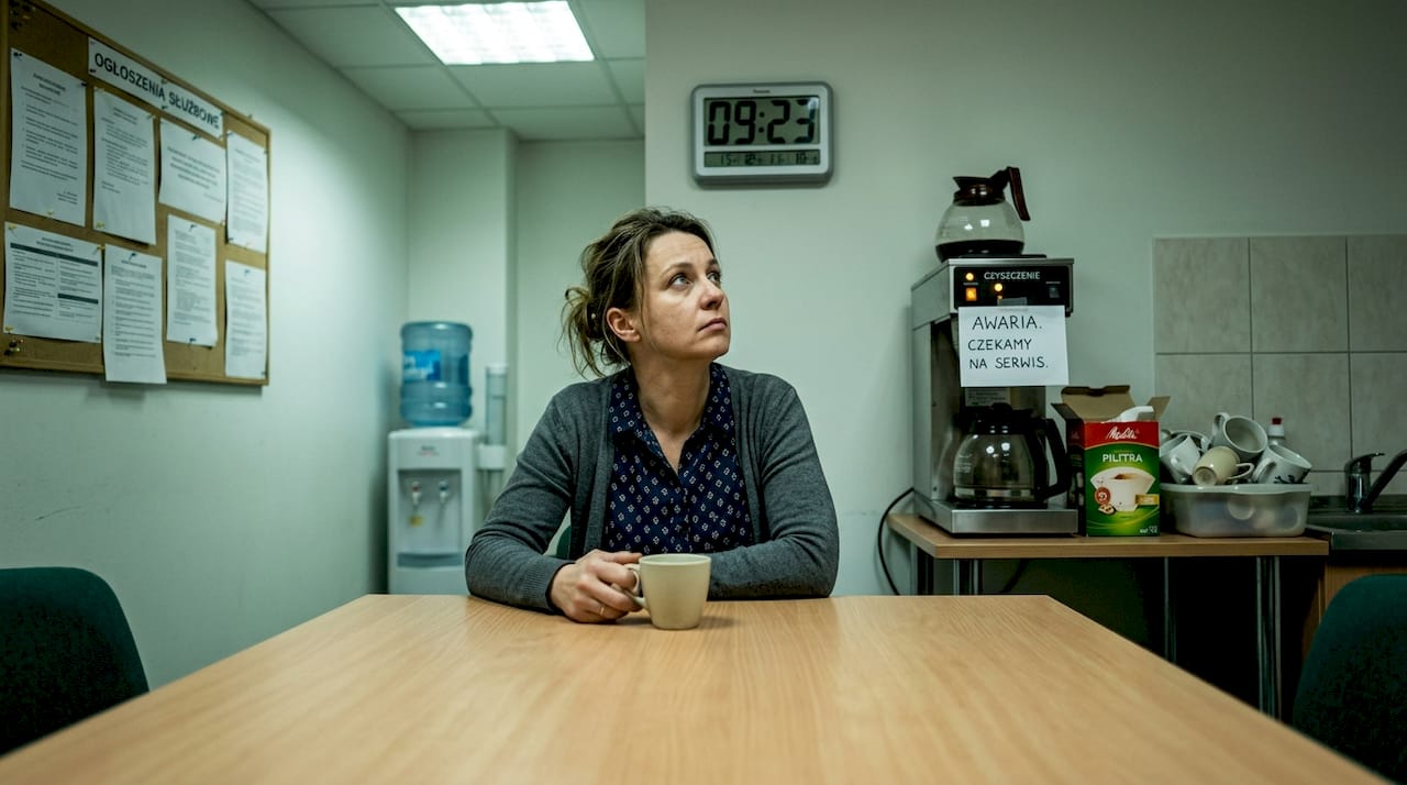 Pracownik czeka, bo ekspres do kawy się zepsuł.