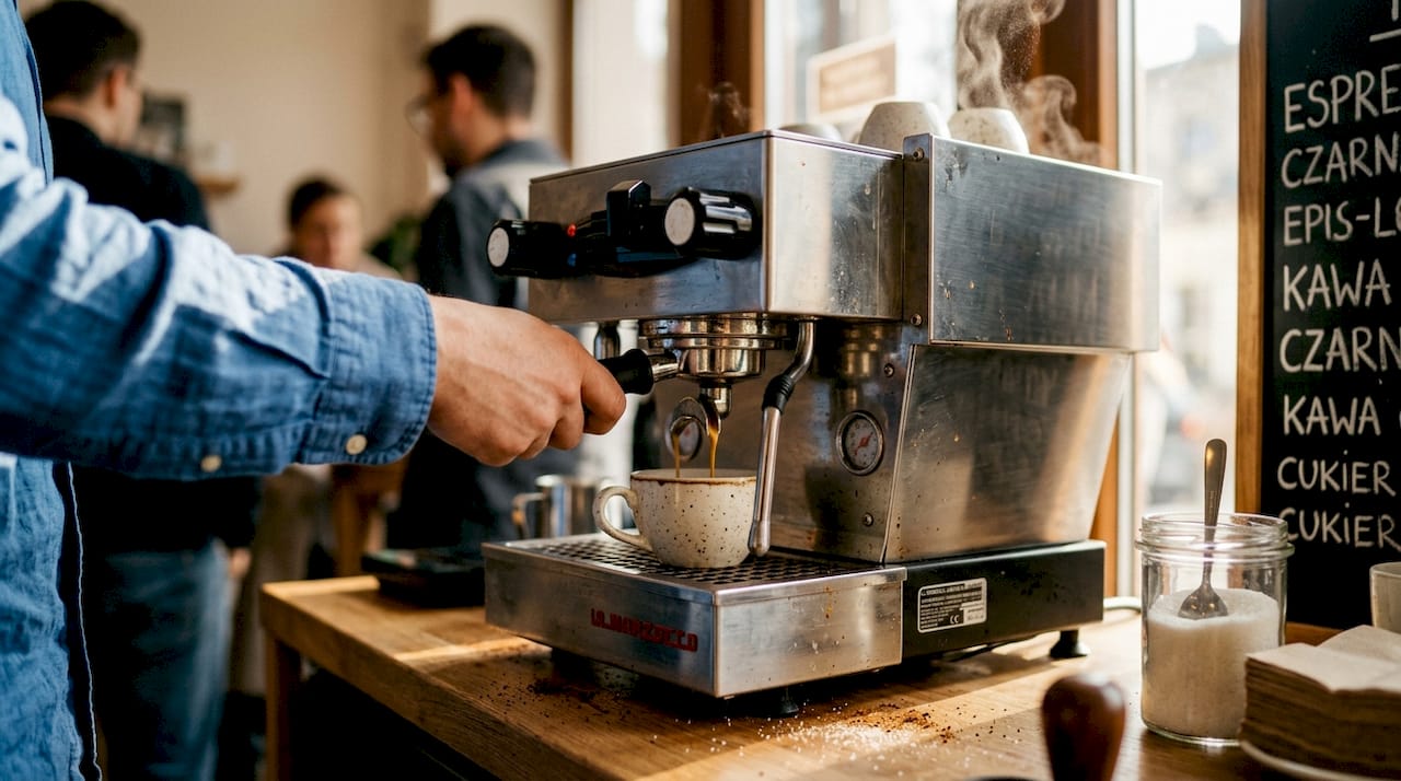 Z ekspresu powoli sączy się świeże espresso, a nad filiżanką unosi się aromatyczna para.