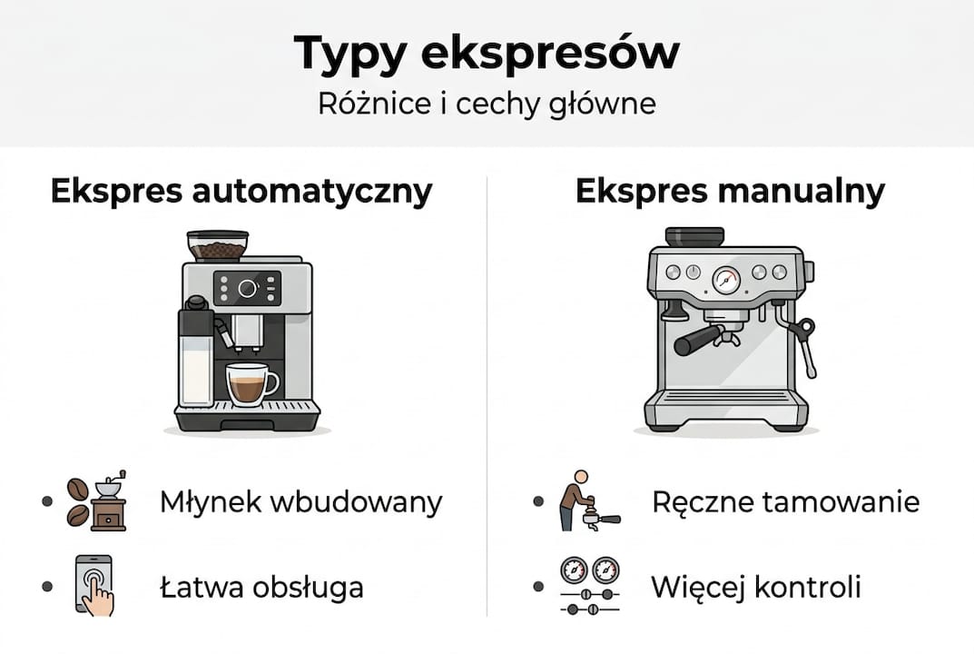 Przegląd ekspresów do kawy – infografika przedstawiająca różne typy urządzeń i ich porównanie