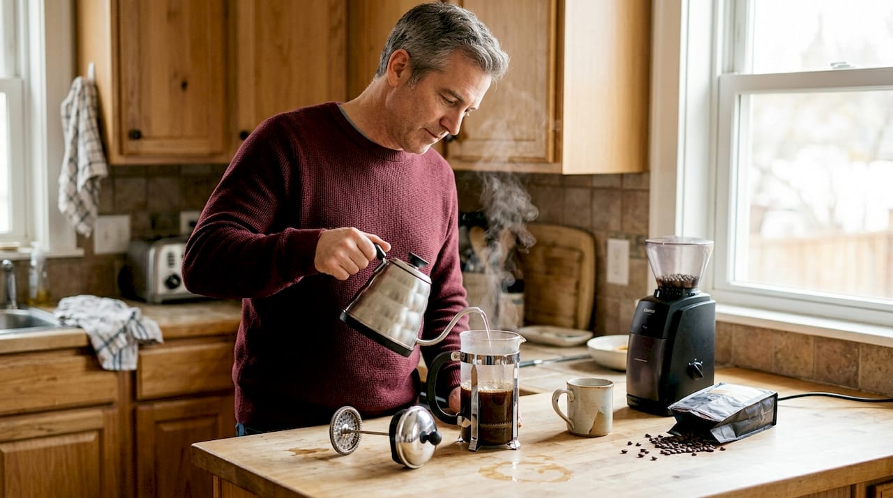 Mężczyzna przygotowuje kawę w zaparzaczu typu French Press.