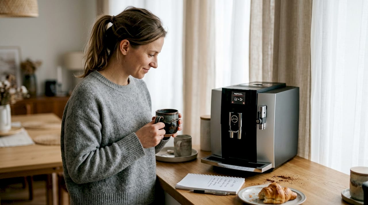 Kobieta stoi przy ekspresie Jura i czeka, aż urządzenie się rozgrzeje.