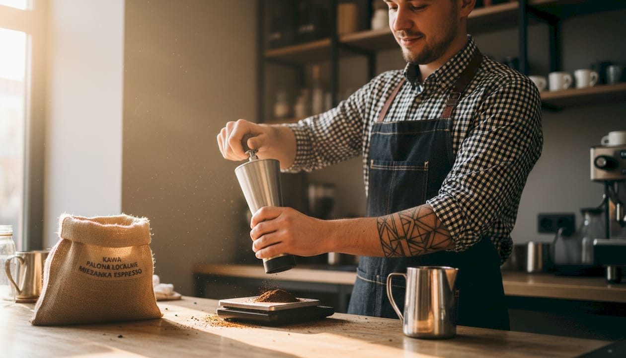 Barista mieli kawę ręcznym młynkiem, przygotowując aromatyczny napar.