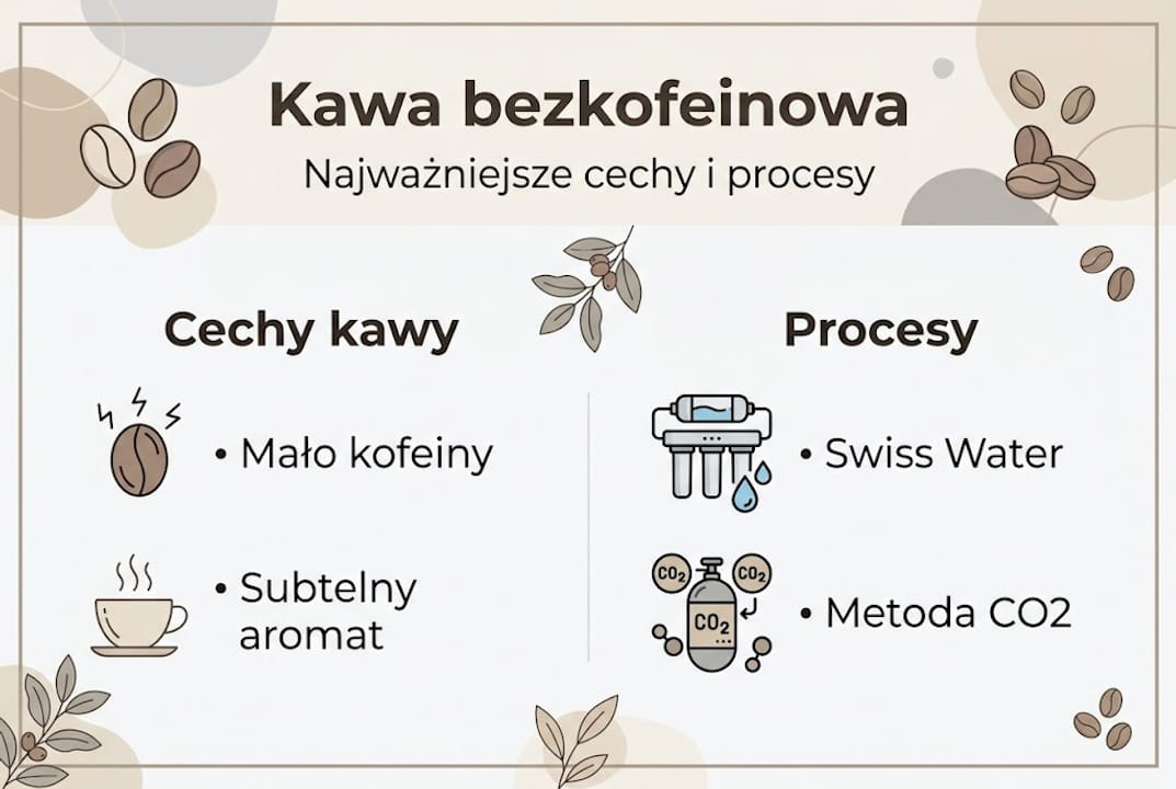 Infografika przedstawiająca najważniejsze właściwości kawy bezkofeinowej oraz proces jej produkcji