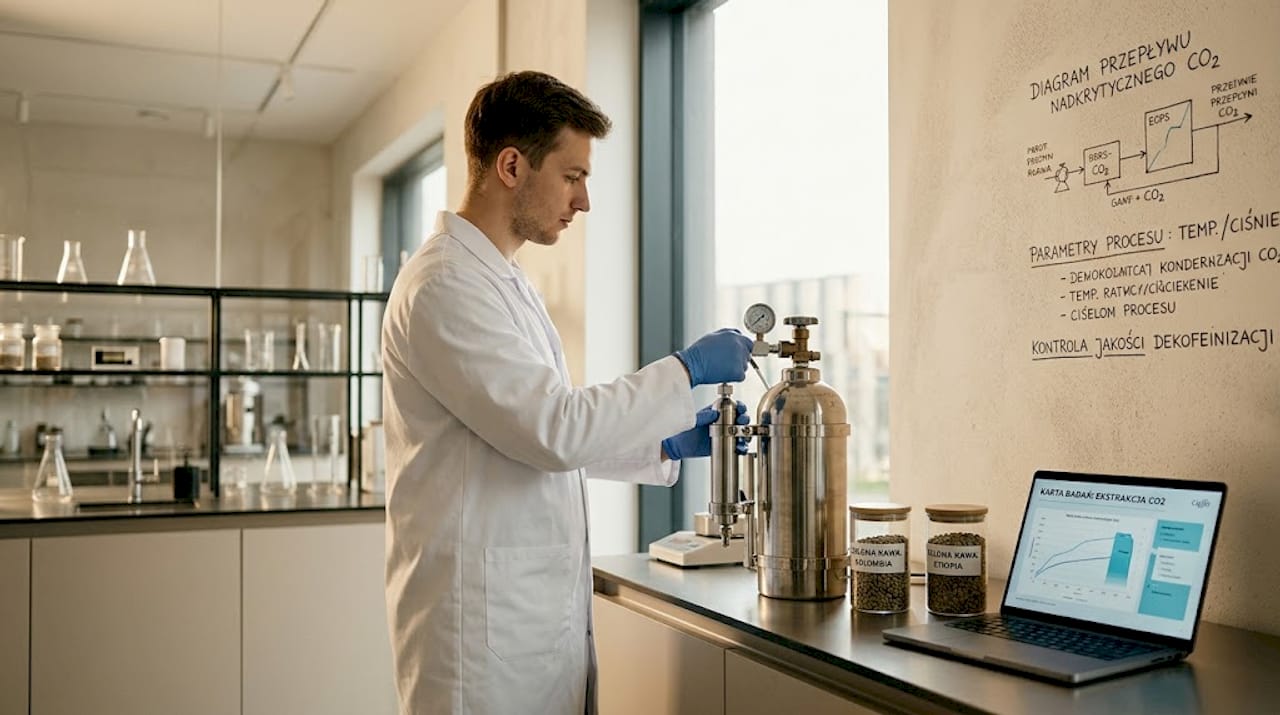 Technik czuwa nad przebiegiem procesu usuwania kofeiny w laboratorium.