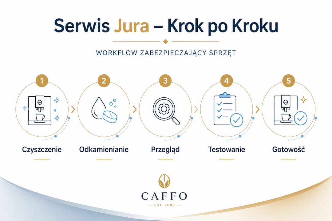 Infografika przedstawiająca kolejne kroki procesu konserwacji ekspresu Jura