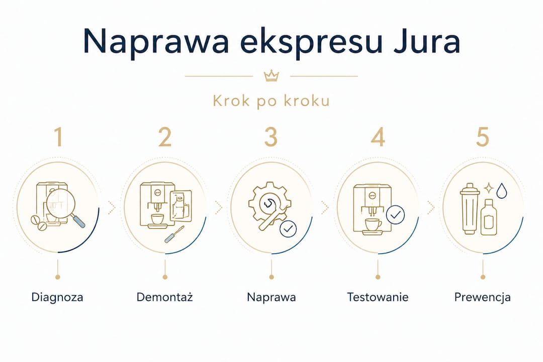 Infografika prezentująca kolejne etapy naprawy ekspresu Jura