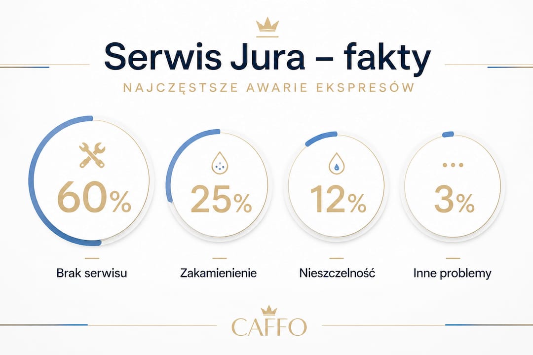 Infografika przedstawiająca najczęstsze problemy występujące w ekspresach do kawy Jura – statystyki i konkretne przykłady awarii.