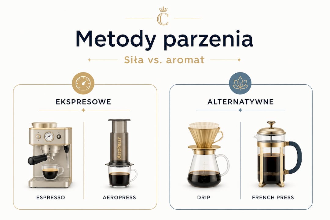 Przejrzysta infografika pokazująca, jak różne sposoby parzenia kawy wpływają na jej moc i intensywność smaku.