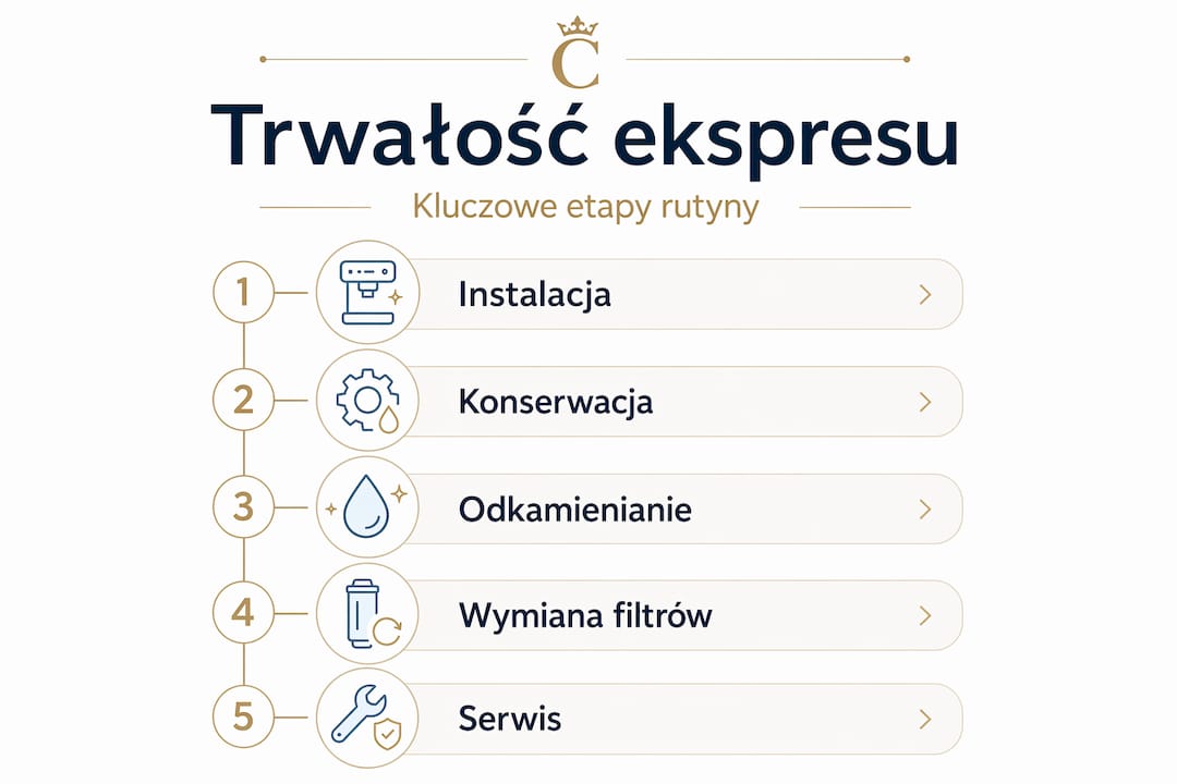 Infografika przedstawiająca kolejne kroki w codziennej pielęgnacji ekspresu do kawy