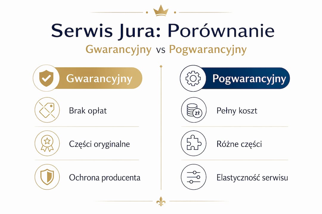 Infografika przedstawiająca różnice między serwisem gwarancyjnym a naprawą poza gwarancją