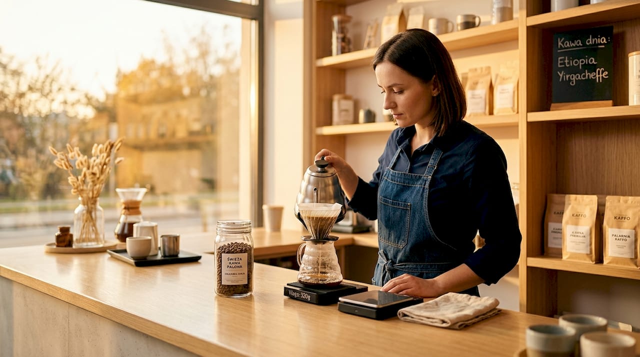 Barista przygotowuje kawę metodą przelewową w kawiarni, dbając o każdy szczegół procesu parzenia.