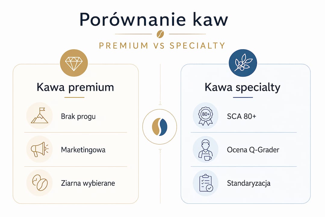 Infografika przedstawiająca kluczowe różnice między kawą premium a specialty