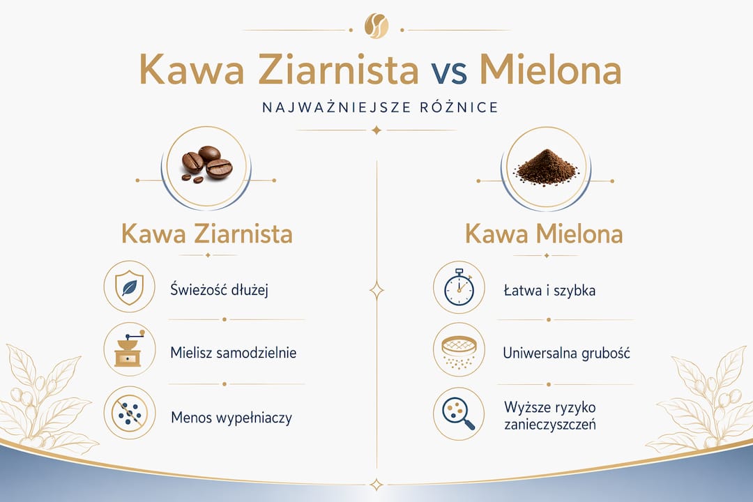 Grafika pokazująca różnice między kawą w ziarnach a kawą mieloną