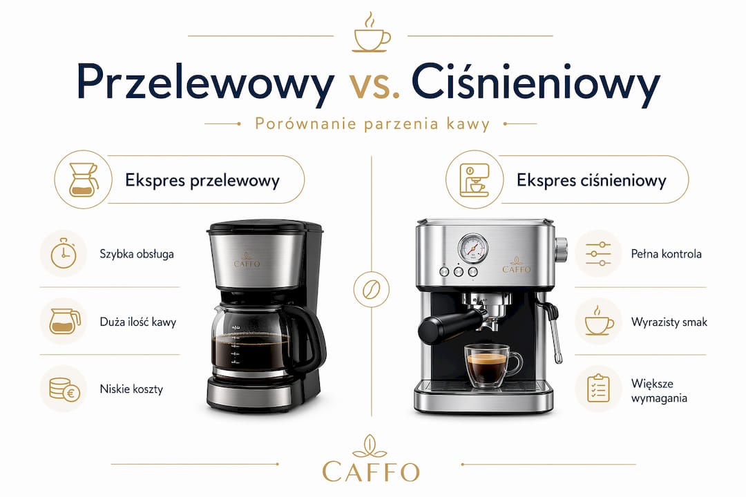 Infografika przedstawiająca różnice między kawą parzoną metodą przelewową a przygotowywaną pod ciśnieniem