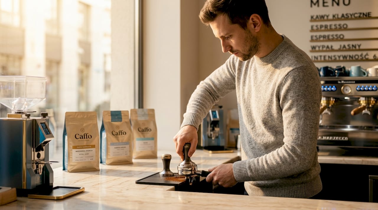 Barista starannie ubija kawę w kolbie, przygotowując ją do zaparzenia idealnego espresso.