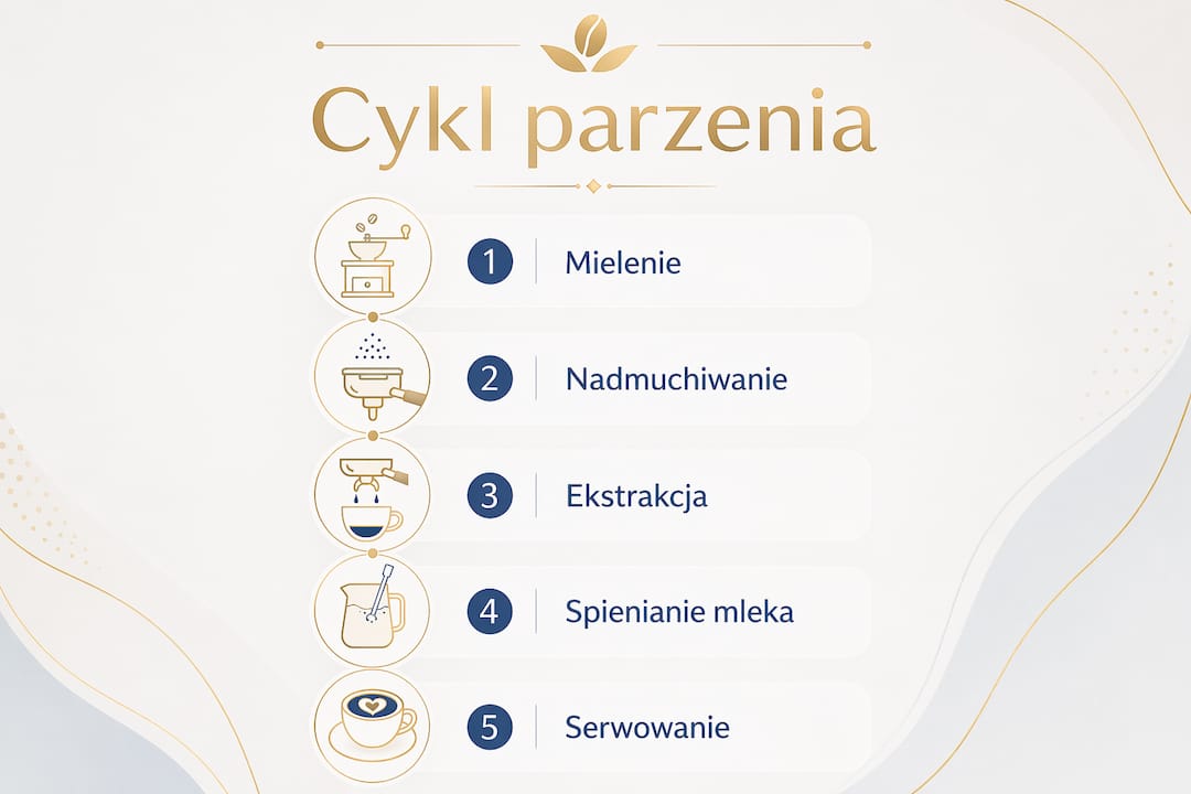 Grafika pokazująca krok po kroku, jak wygląda proces automatycznego przygotowywania kawy