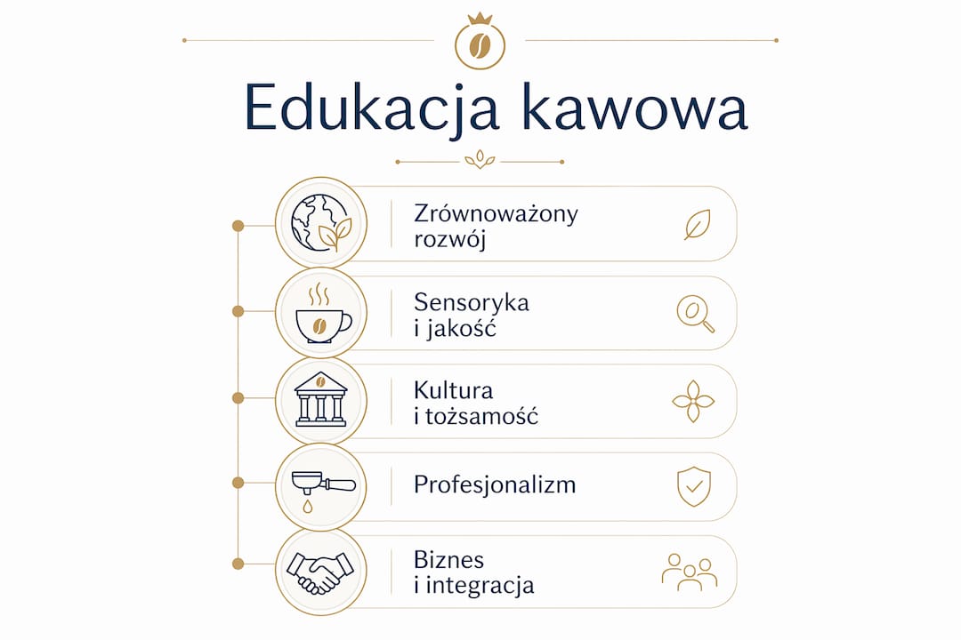 Infografika pokazująca etapy wtajemniczenia w świat kawy