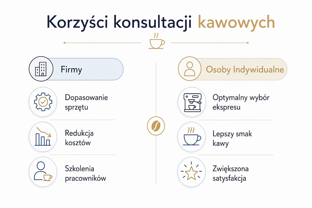 Infografika pokazująca, jakie korzyści mogą przynieść spotkania przy kawie – zarówno dla firm, jak i dla osób prywatnych.