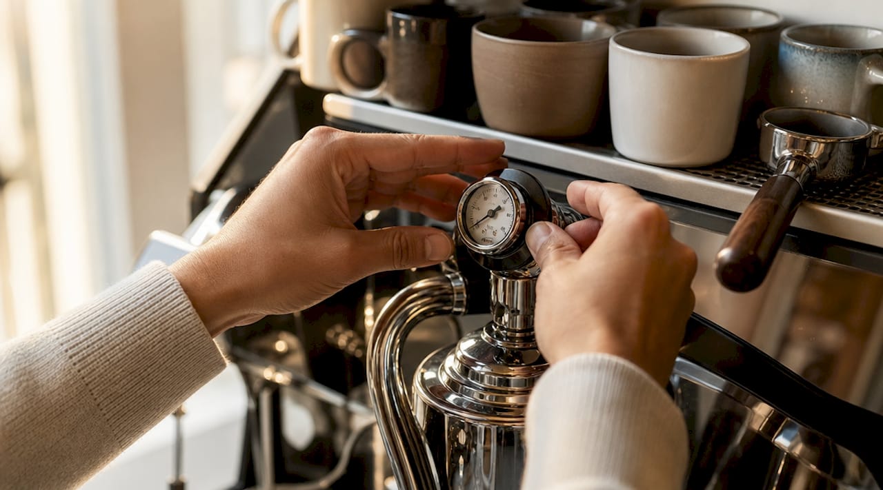 Barista precyzyjnie ustawia ciśnienie w ekspresie do kawy, dbając o idealne warunki do parzenia espresso.