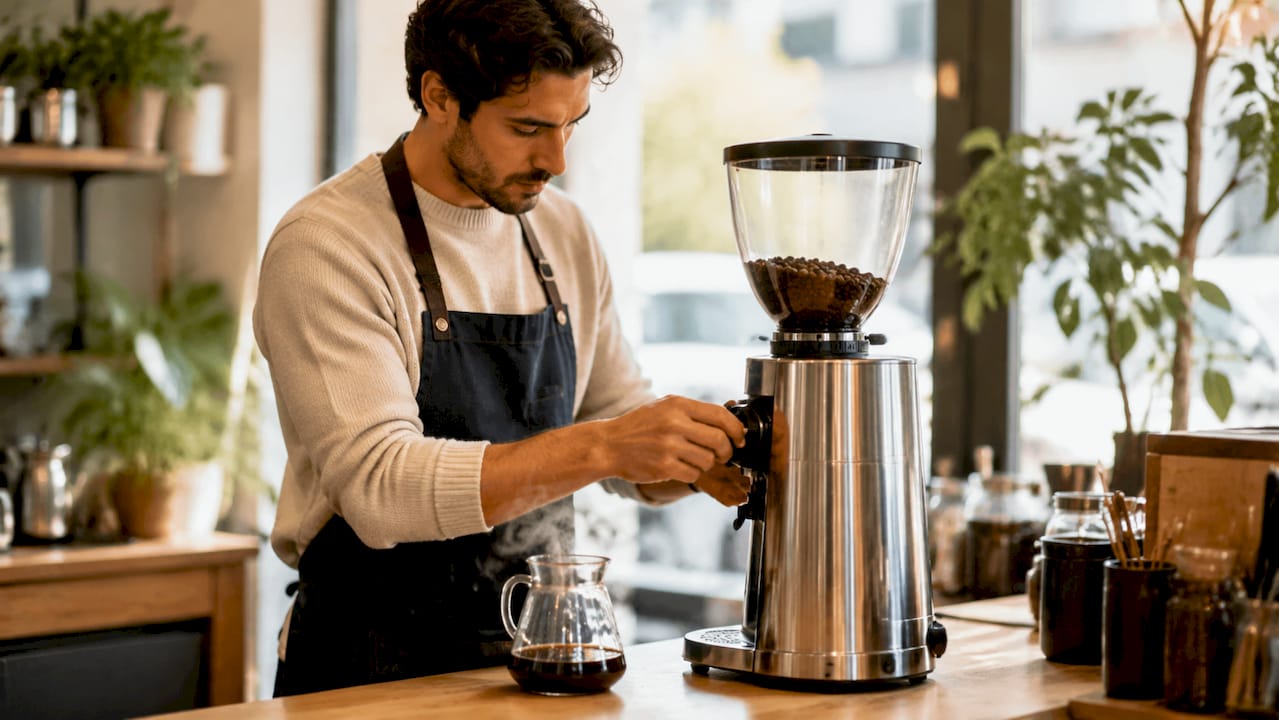 Barista precyzyjnie ustawia młynek, żeby kawa miała idealny smak.